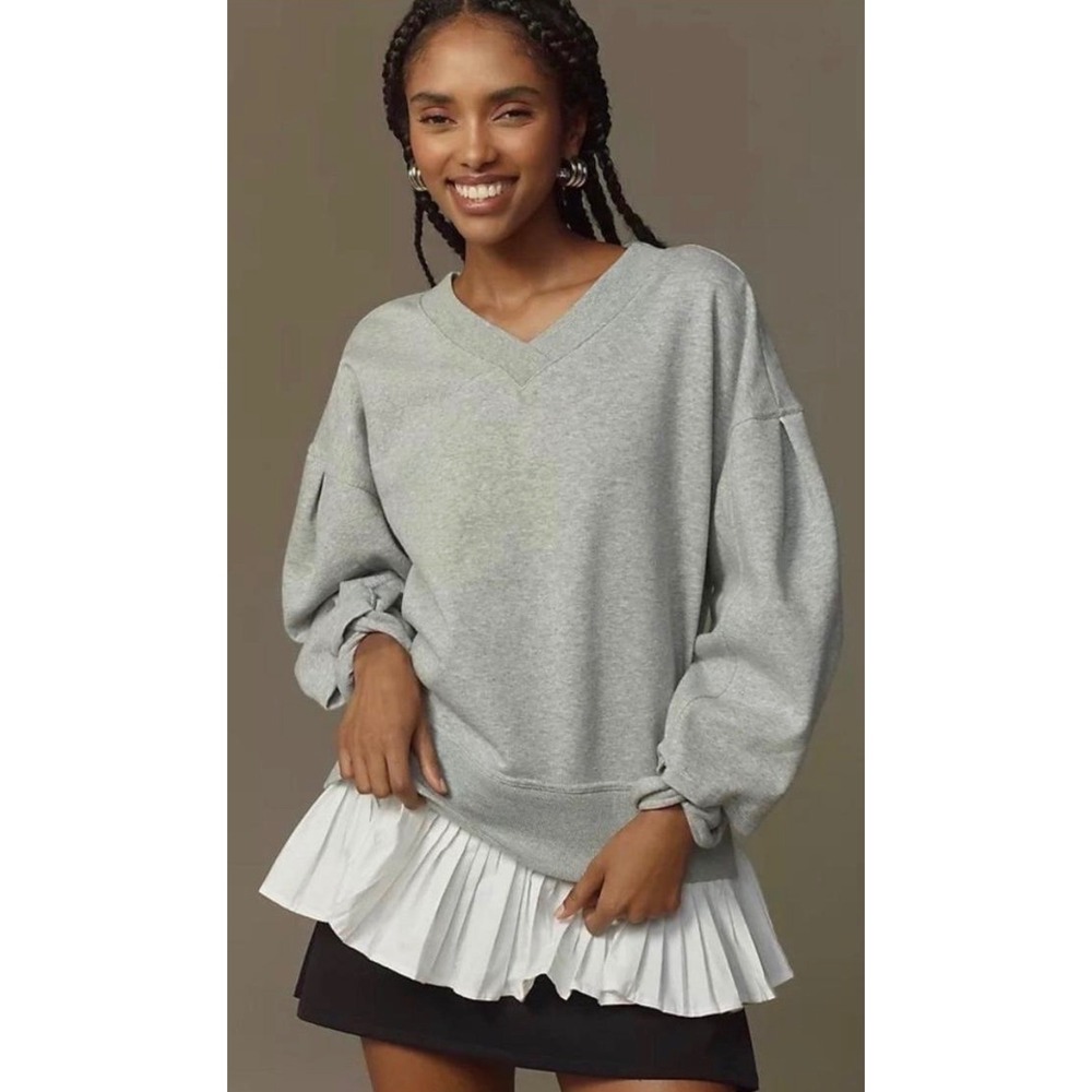 Maeve Anthropologie V-Neck Twofer Knit Pullover Sweatshirt Pleated Hem size M
